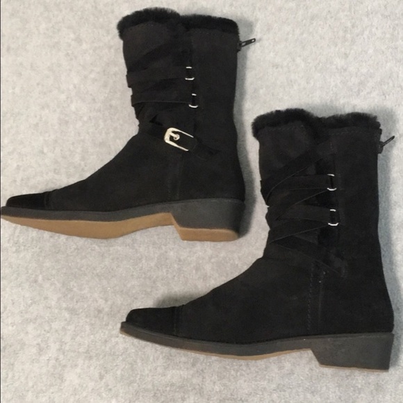 EUC!Stuart Weitzman Suede Mid-calf Boots Size 7.5 Black Fur Lining & Gum Soles - Picture 2 of 14